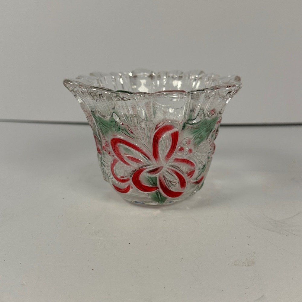 Festive Wreath Glass Votive Candle Holder Candy Cane Holly Christmas Decor
